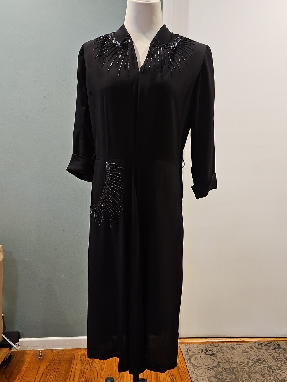 Vintage Black Long Sleeve Dress with Beaded Accents 0283